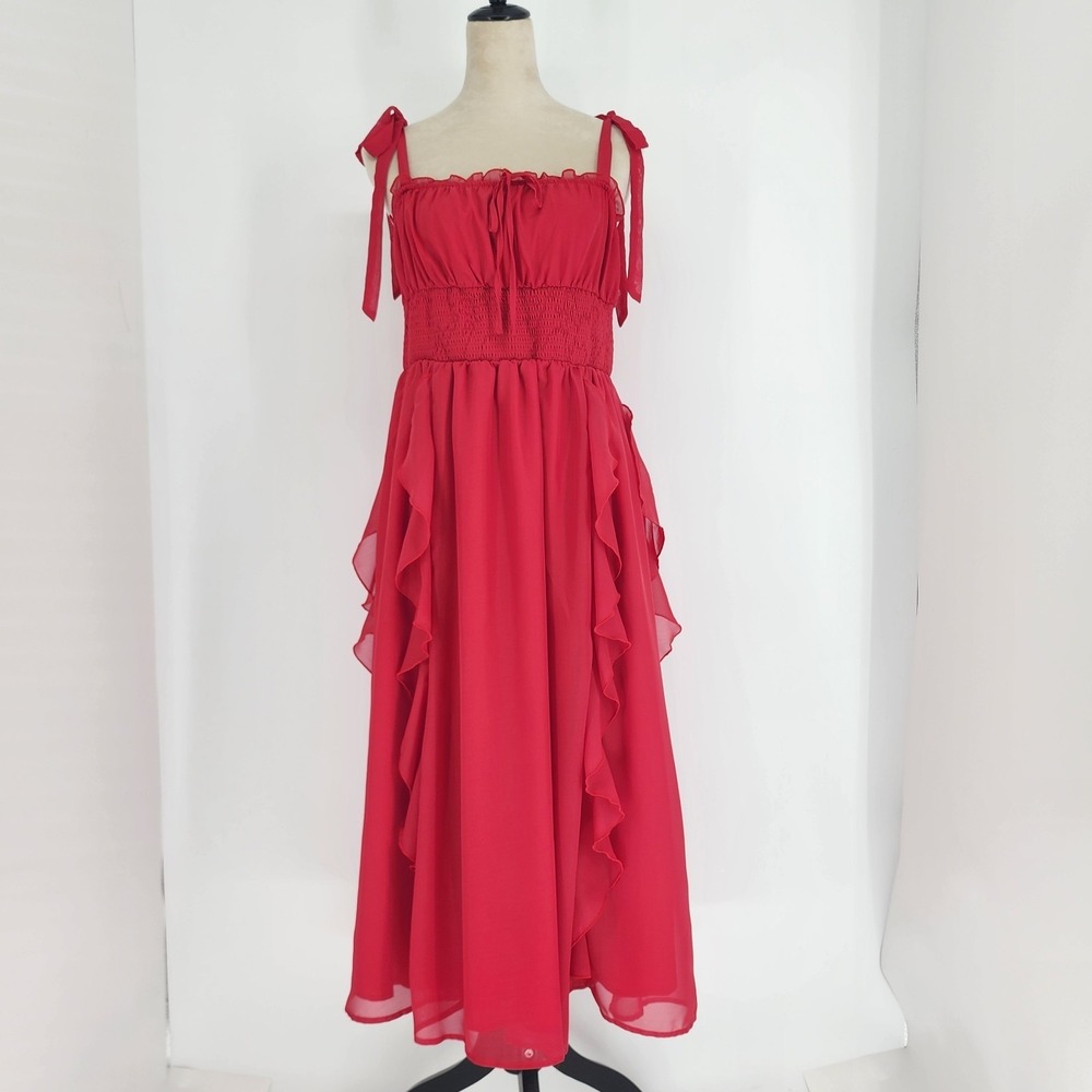 Womens Ruffle Maxi Dress Large Milkmaid Romantic Coquette Fairy Party Summer Red